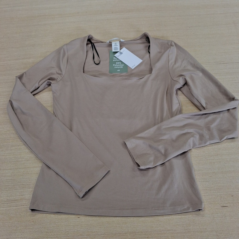 H&M Top Womens Small Square Neck Beige Long Sleeve Slim Fit NEW